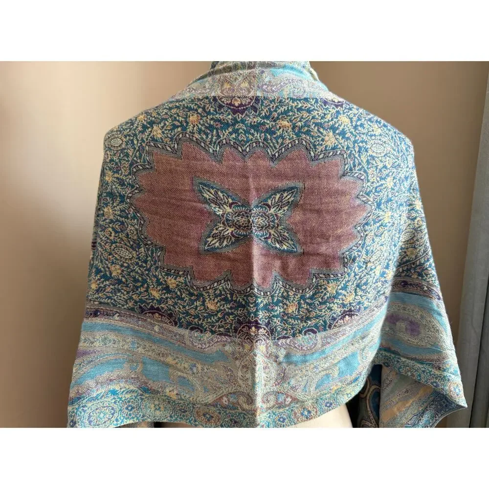 Pastel Paisley Scarf Blue Lavender Silky Fringe Wrap 75x20 Cottage Coquette Soft